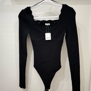Free People Elegant Black Scallop Neck Bodysuit